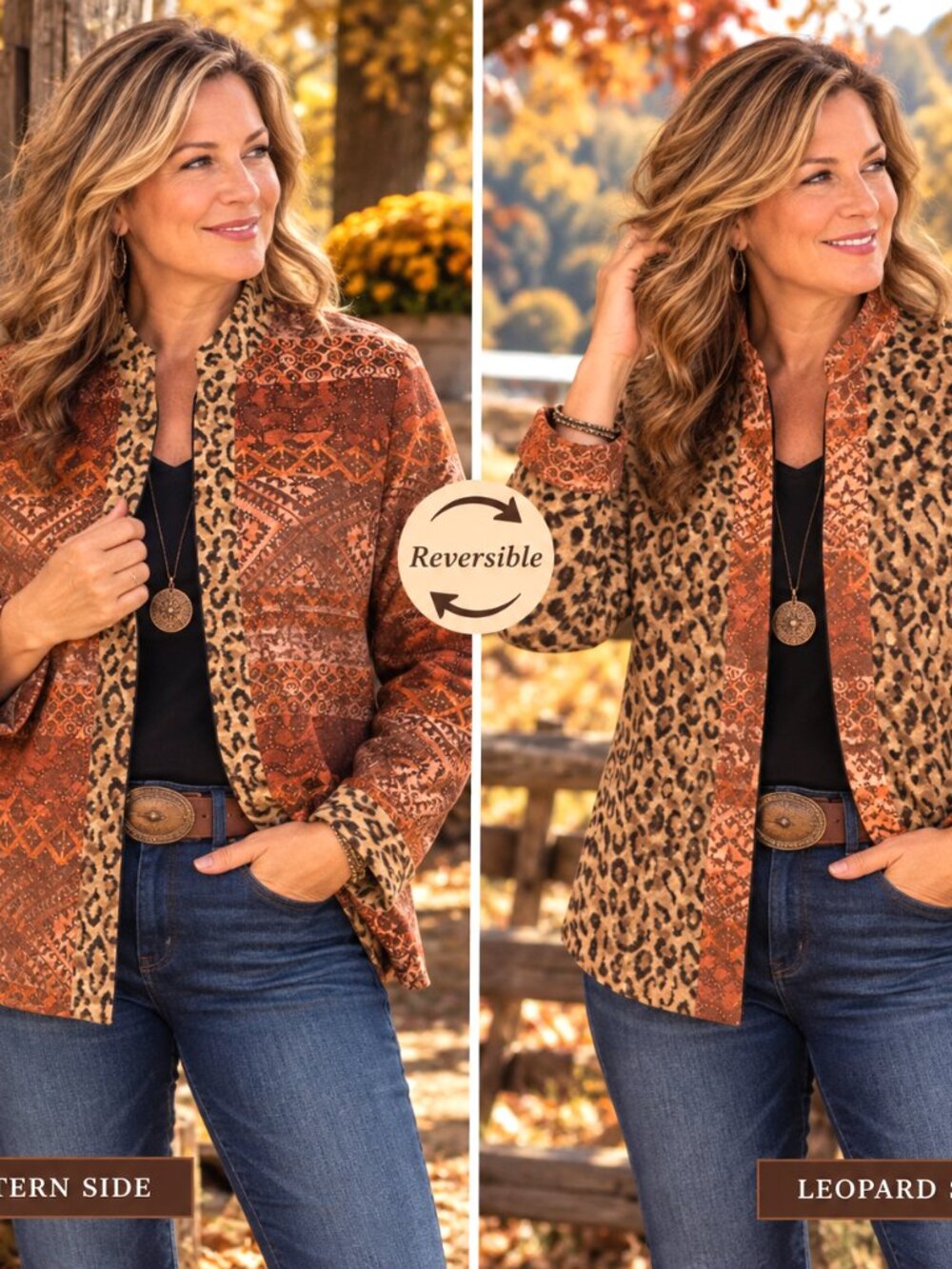 Coldwater Creek Reversible Blazer Rust Brown Black Leopard Print Jacket Size S